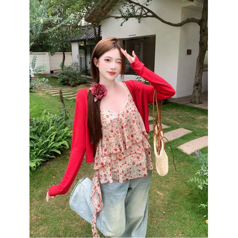 大码胖mm韩系不规则荷叶边碎花吊带背心女氛围感遮肉显瘦无袖上衣