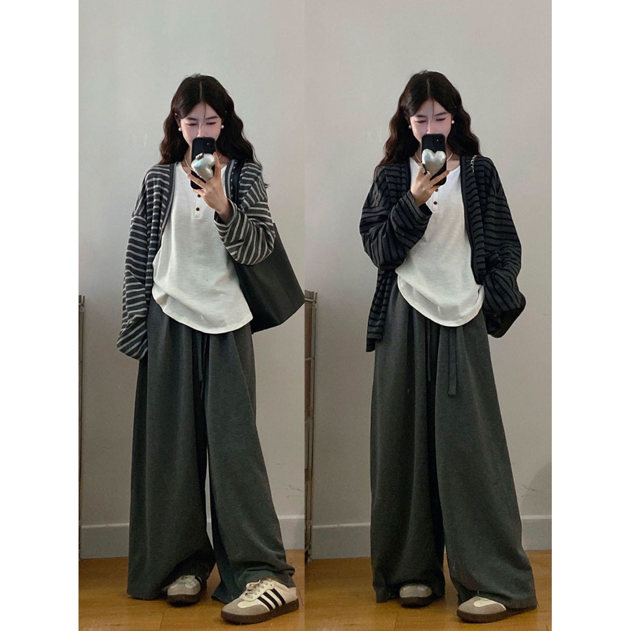 胖mm慵懒风撞色条纹长袖开衫内搭吊带背心女秋季显瘦休闲裤三件套