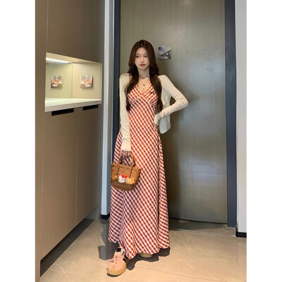 胖mm法式复古格纹显瘦连衣裙女夏季新款云南三亚海边度假气质长裙