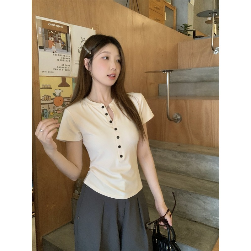 大码胖mm美式辣妹半开领正肩短袖T恤女夏季新款纯欲显瘦修身上衣