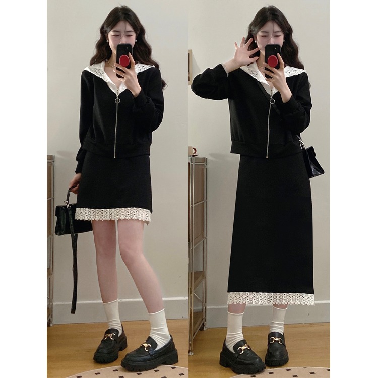 胖mm韩系洋气减龄假两件蕾丝拼接连帽卫衣女遮肉显瘦半身裙两件套