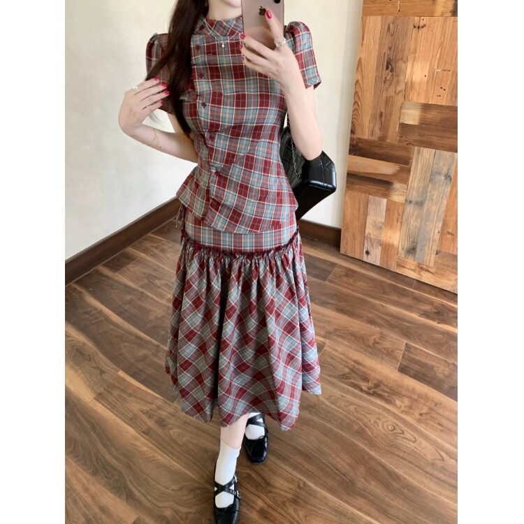 胖mm气质名媛女神范穿搭红色格子系带收腰衬衫中长款半身裙两件套