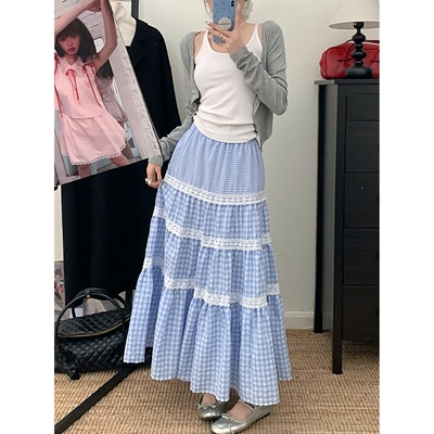 大码胖mm甜美蕾丝拼接撞色格子半身裙女夏季新款高腰减龄蛋糕长裙