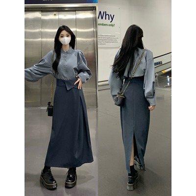 大码胖mm法式复古灯笼袖衬衫女春季新款高腰翻边半身裙减龄两件套