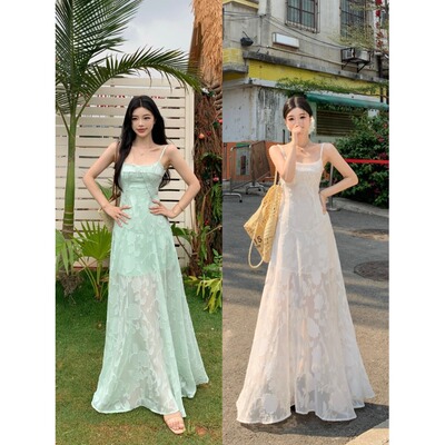 大码胖mm法式肌理感提花大摆修身吊带连衣裙女甜美少女感气质长裙