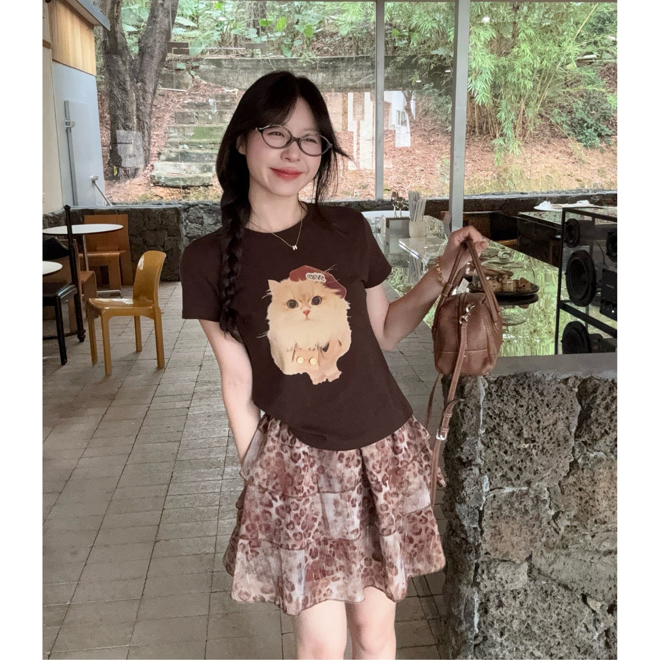 大码胖mm韩系复古猫咪印花正肩短袖T恤女高腰豹纹蛋糕短裙两件套