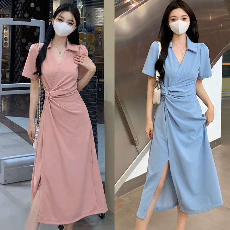 胖MM法式扭结不规则开叉连衣裙女
