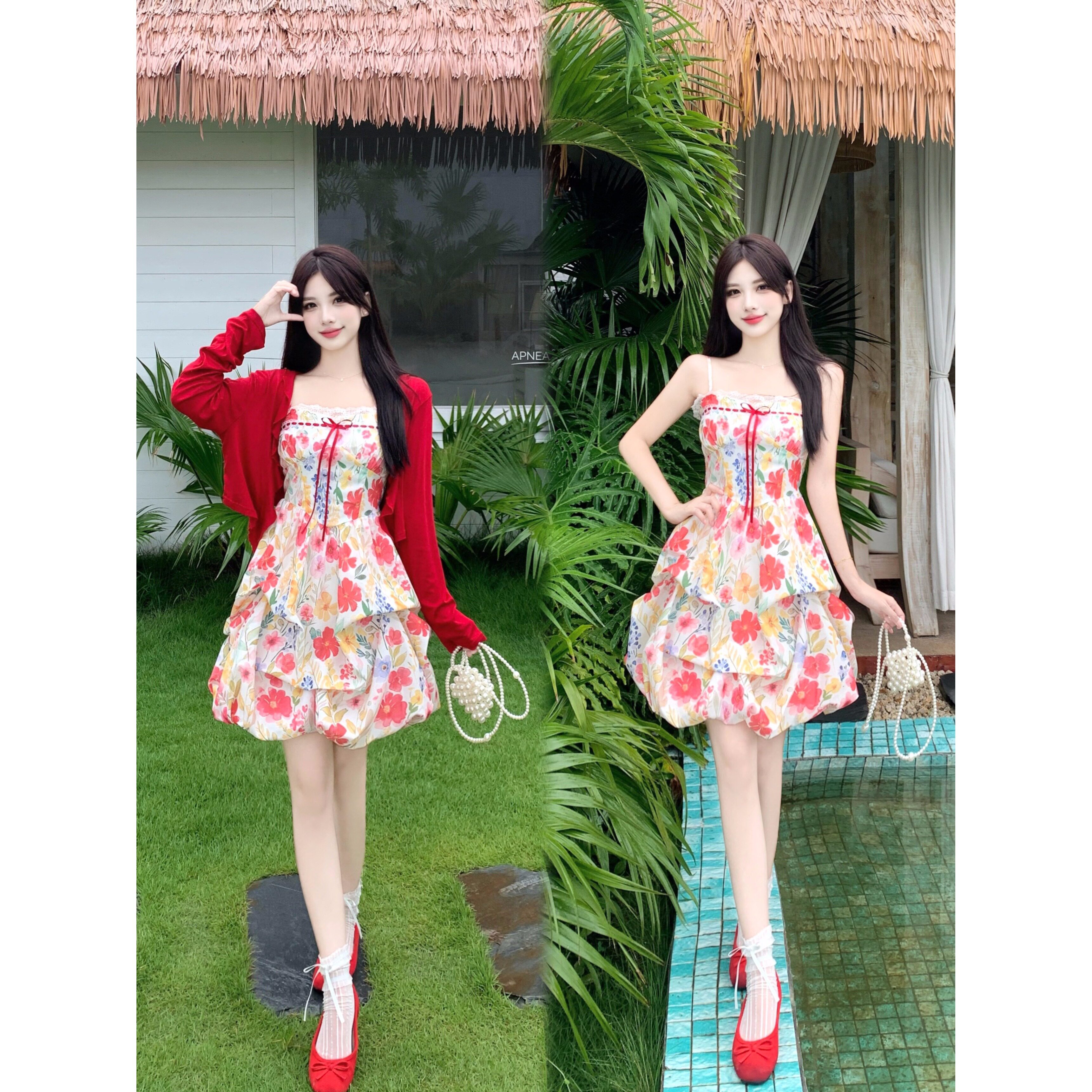 大码胖mm法式油画风碎花吊带连衣裙女甜美减龄蛋糕蓬蓬裙显瘦套装