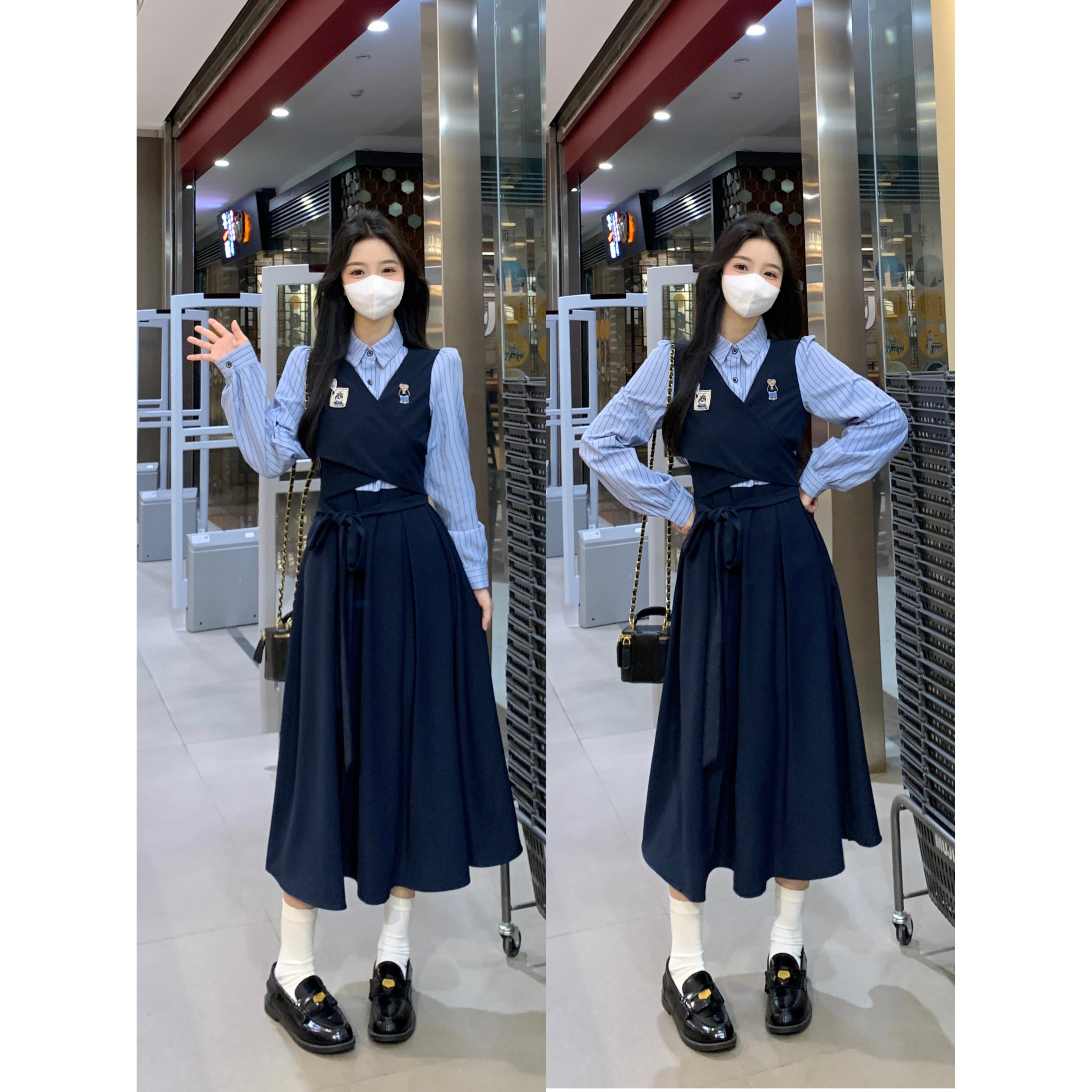 大码胖mm学院风假两件衬衫连衣裙女春新款小个子教资面试穿搭长裙