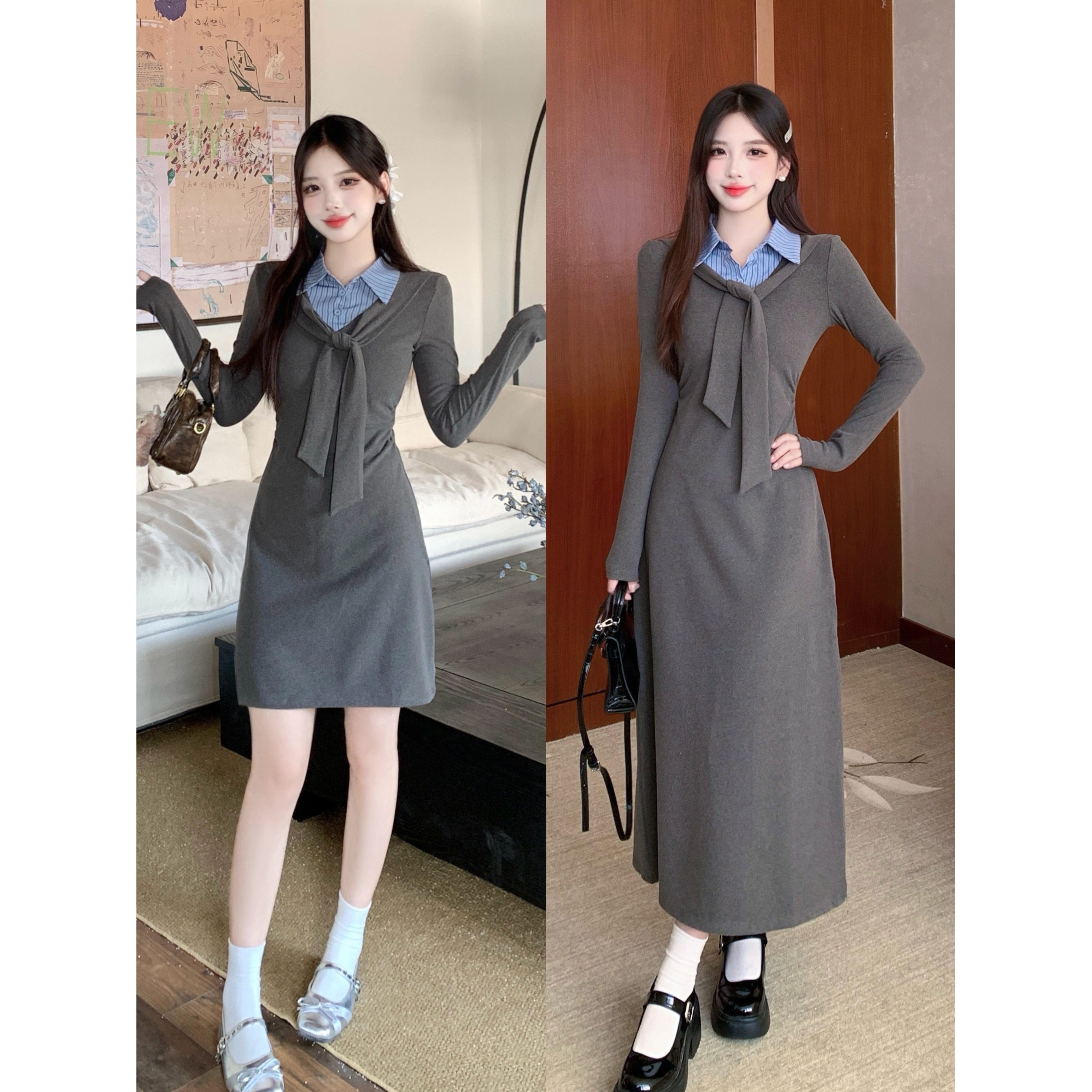 大码胖mm学院风假两件拼接衬衫连衣裙女早秋新款显瘦减龄针织裙子