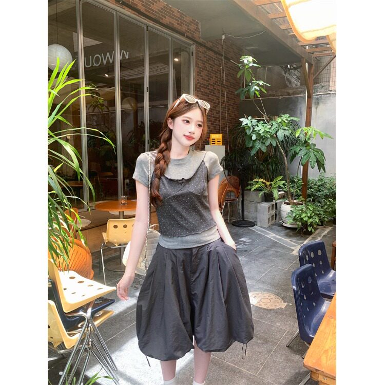 大码胖mm韩系复古波点吊带短袖T恤女新款花苞中裙显瘦休闲套装