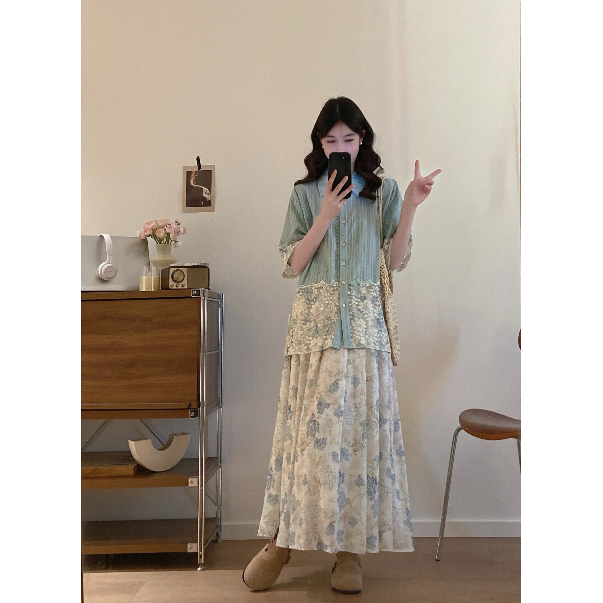 大码新款碎花蕾丝显瘦两件套