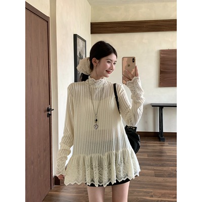 大码胖mm韩系半高领遮肉蕾丝打底衫女秋新款宽松显瘦内搭打底上衣