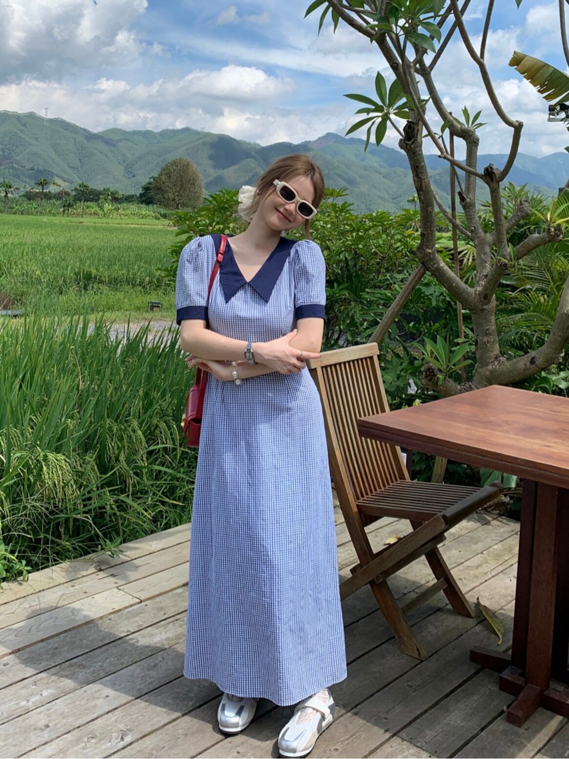 大码胖mm韩系撞色翻领格子连衣裙女夏季新款减龄气质收腰显瘦长裙
