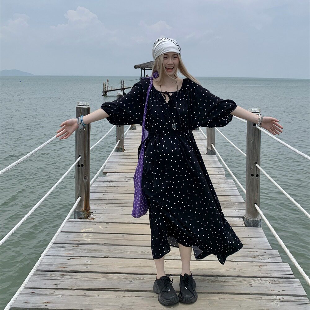 大码胖mm韩版气质显瘦波点系带连衣裙女秋季新款宽松遮肉半袖长裙