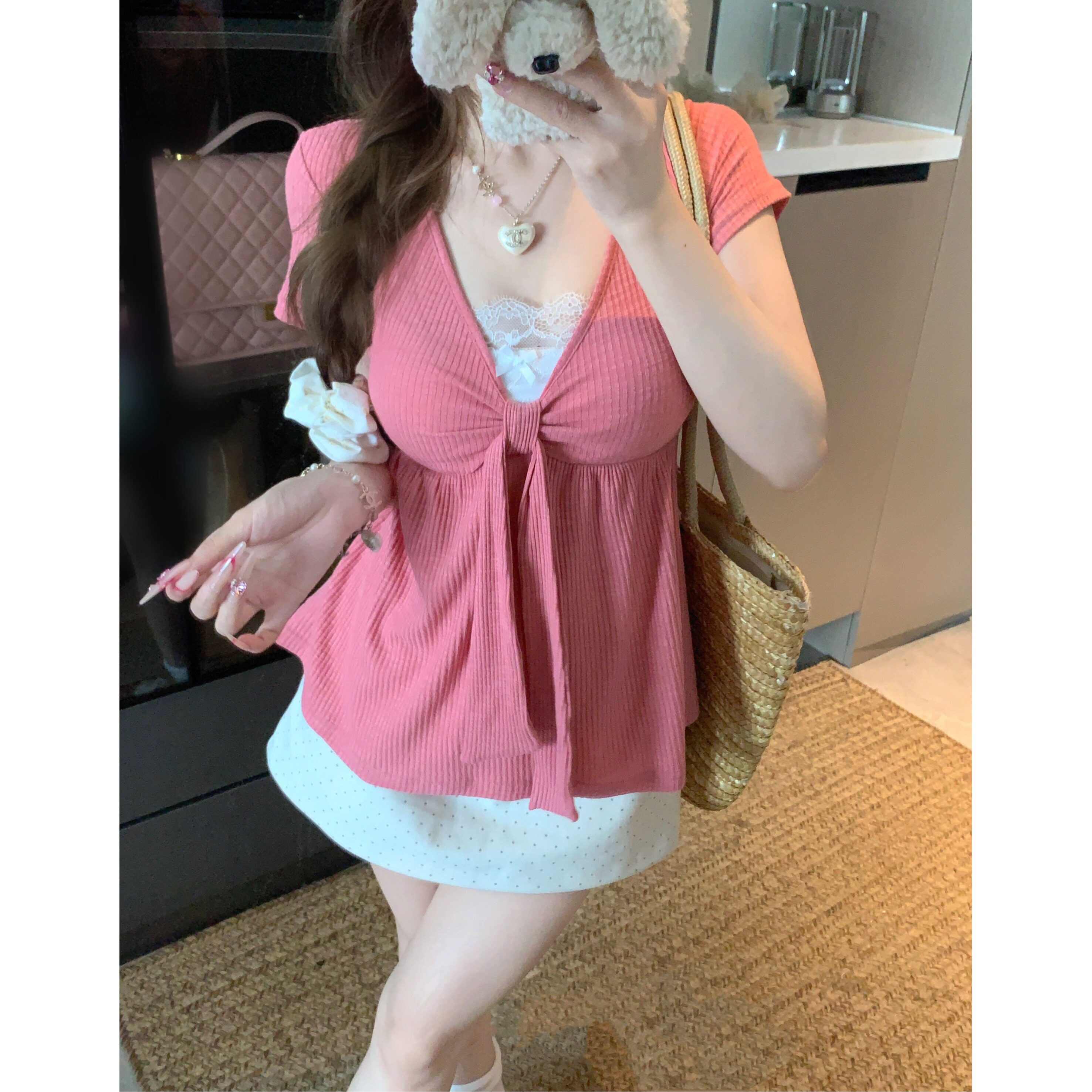 大码胖mm纯欲性感蕾丝拼接假两件V领绑带针织上衣女超好看娃娃衫