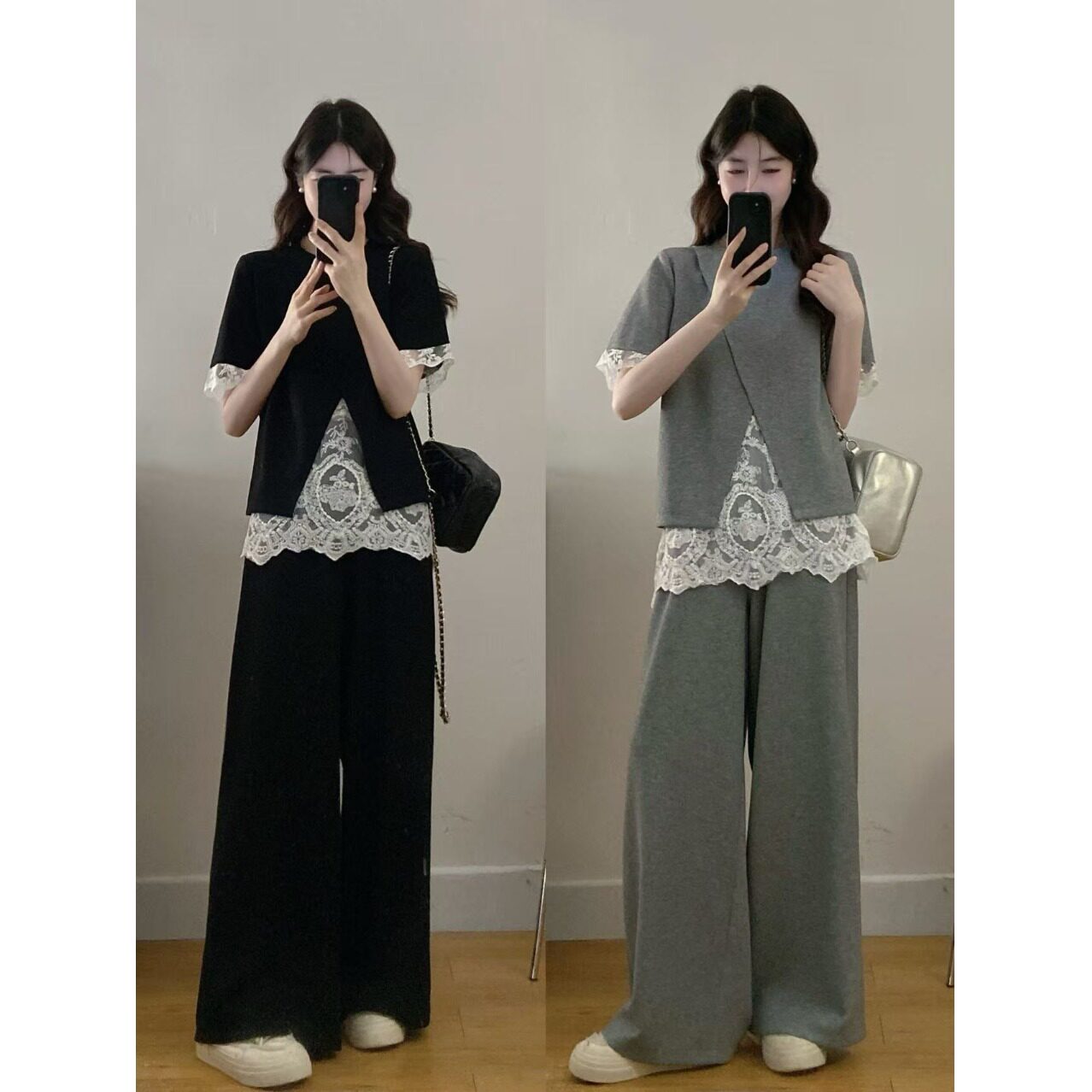 大码胖mm时尚休闲简约蕾丝假两件上衣女高腰阔腿裤通勤穿搭两件套