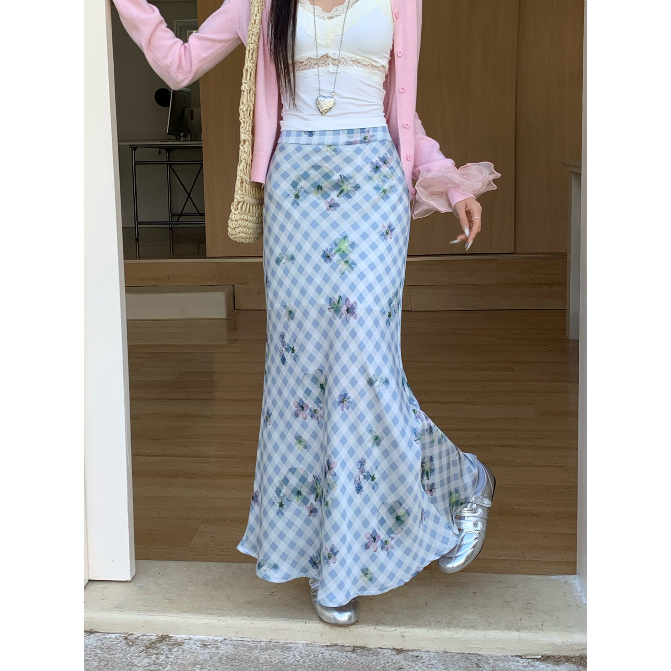 大码胖mm气质法式格纹印花鱼尾半身裙女时尚通勤高腰显瘦碎花长裙
