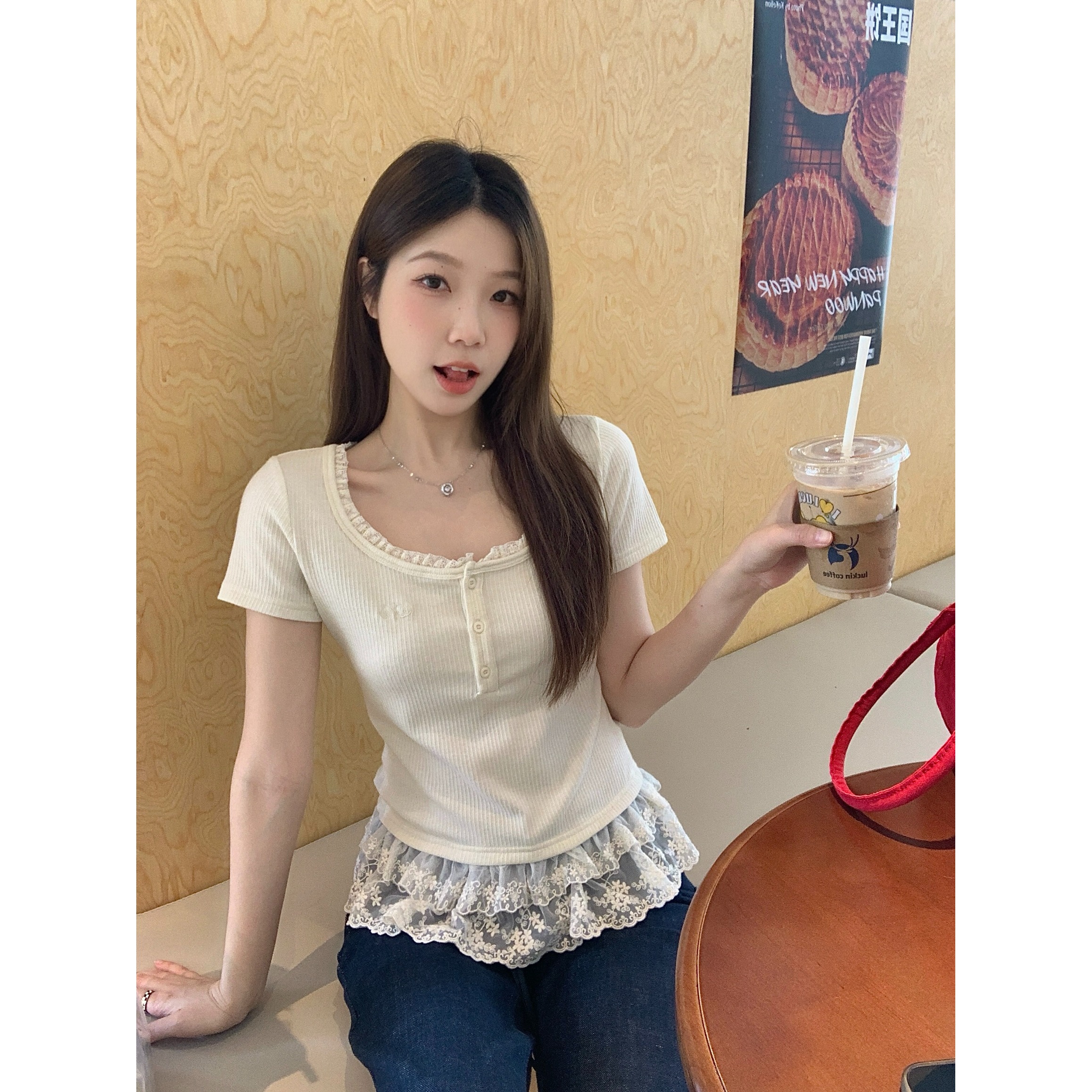 胖mm纯欲风假两件蕾丝拼接短袖T恤女夏季新款修身显瘦打底衫上衣