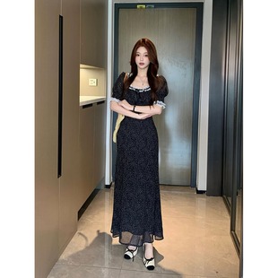 收腰遮肚子长裙 大码 胖mm法式 甜美波点蕾丝边方领连衣裙女夏季 新款