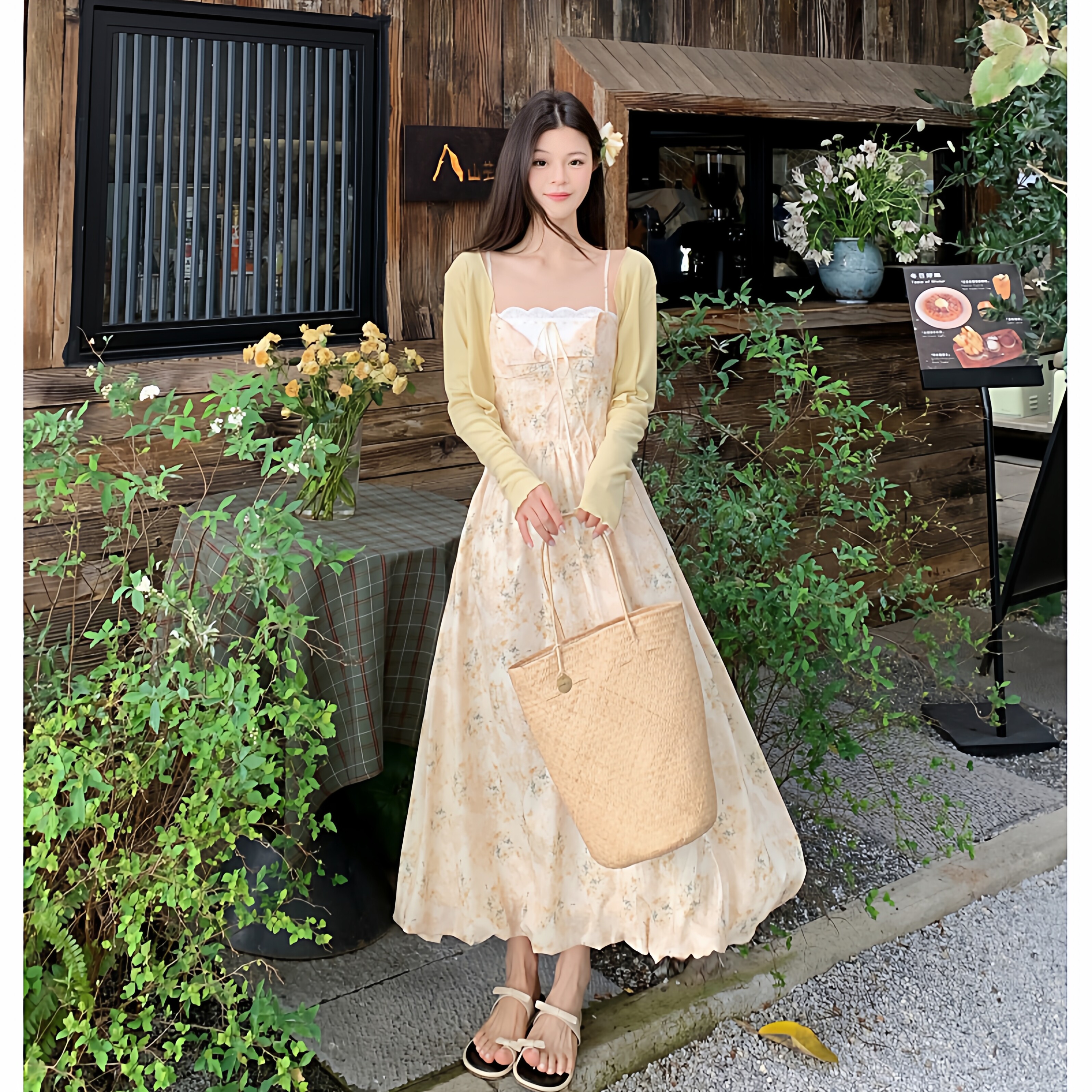 大码胖mm甜美小清新方领碎花吊带连衣裙女显白显瘦旅游度假风长裙
