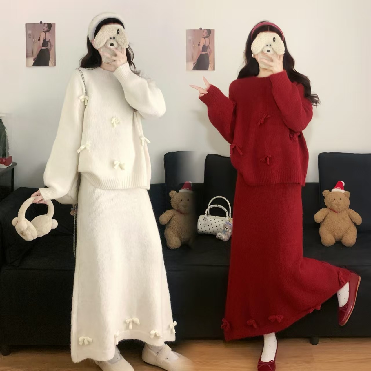 新势力时尚女装 喜庆圣诞过年穿搭蝴蝶结针织衫女搭配半身裙套装