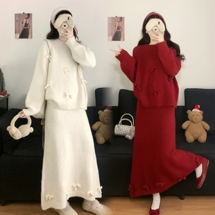 女搭配半身裙套装 喜庆圣诞过年穿搭蝴蝶结针织衫 女装 新势力时尚