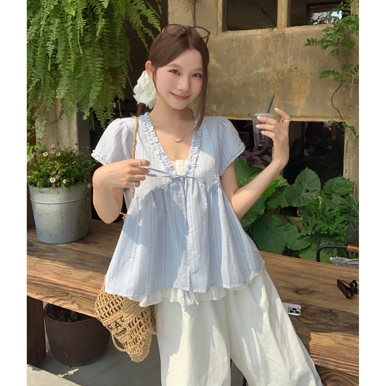 大码胖mm慵懒风条纹假两件花边短袖衬衣女宽松显瘦木耳边系带上衣