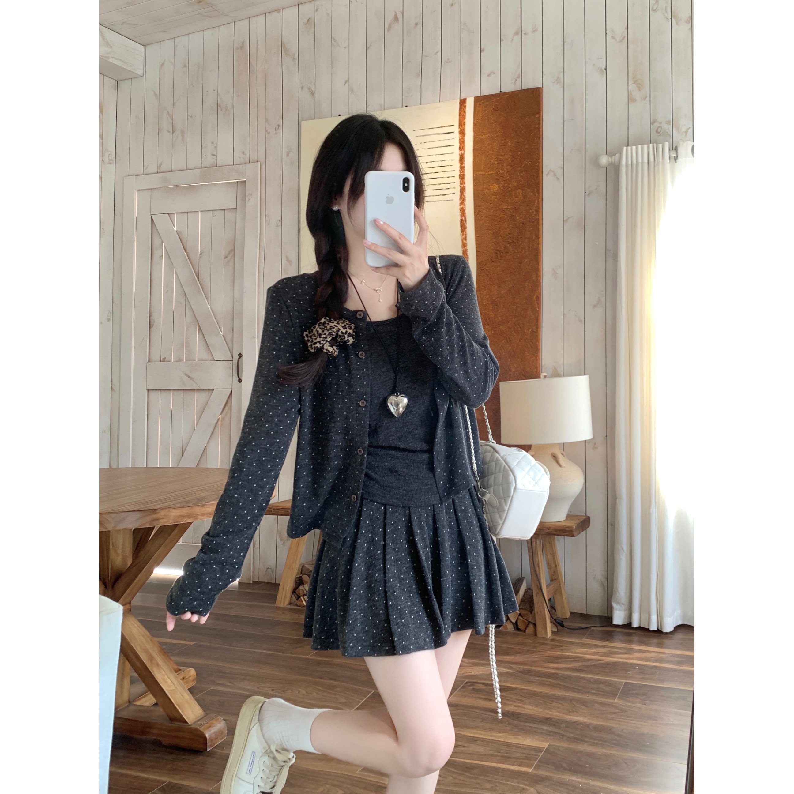 大码胖mm韩版气质软糯吊带背心波点长袖开衫松紧腰半身裙三件套女