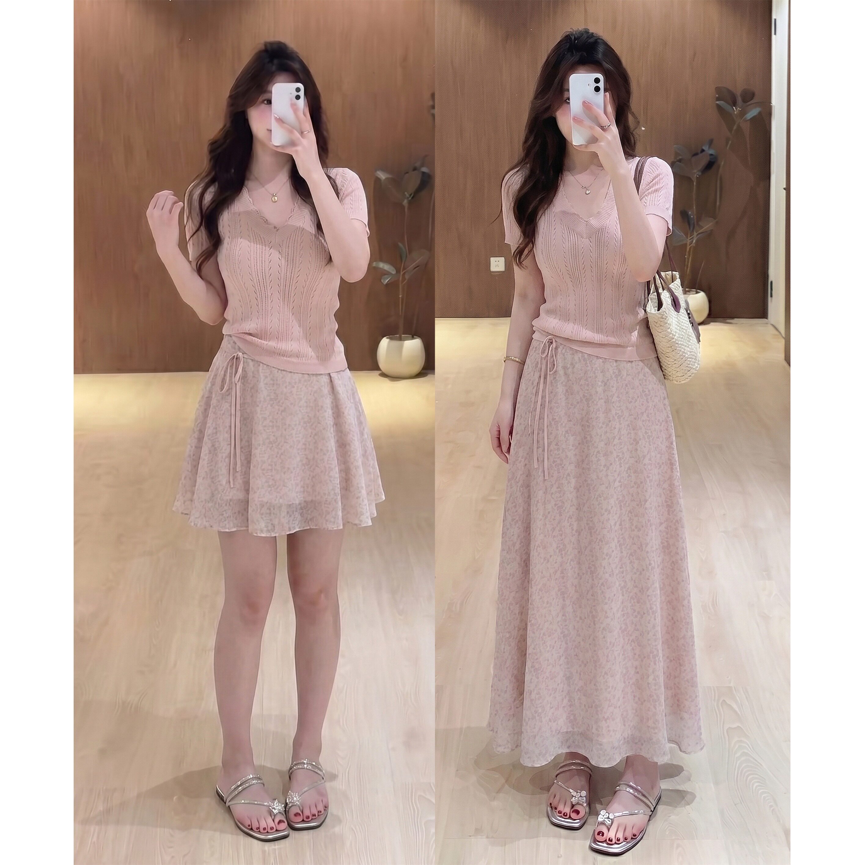 胖mm波浪边V领抽绳收腰短袖T恤女温柔系带蝶结碎花A字半裙两件套