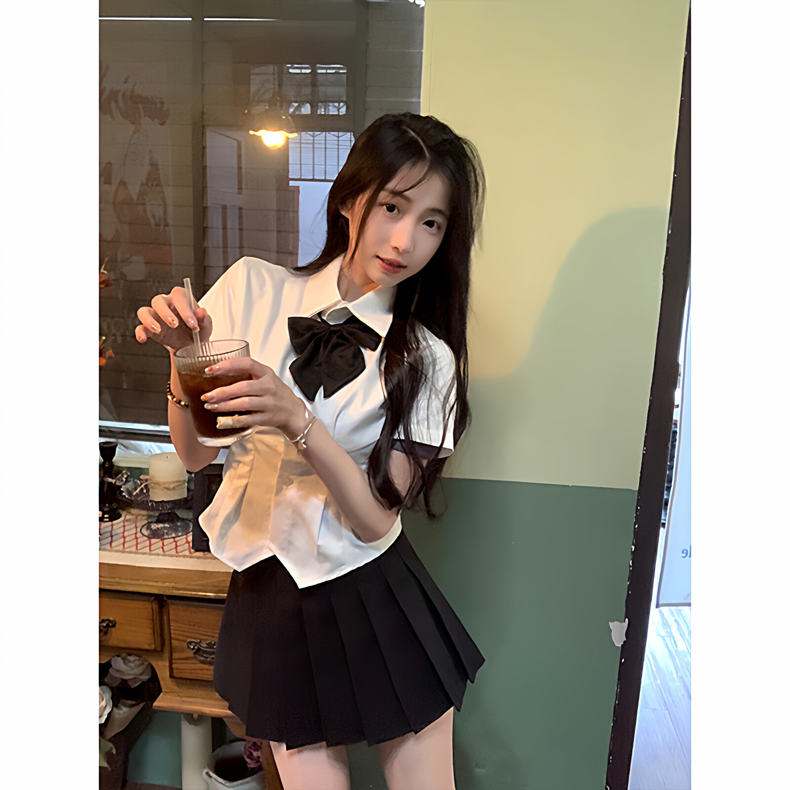 新势力时尚女装 甜辣学院风jk制服收腰衬衫女高腰A字百褶裙两件套