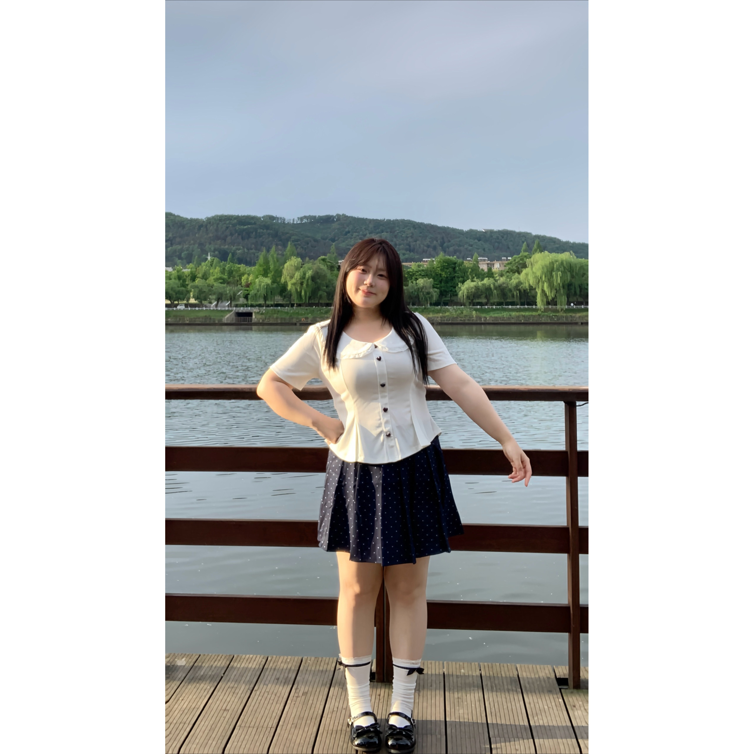 大码胖mm韩系学院风娃娃领拼接短袖上衣女巨显瘦波点半身裙两件套