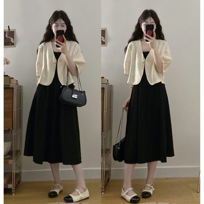 大码胖mm时尚简约珠光开衫短袖上衣+洋气显瘦百搭背心连衣裙套装