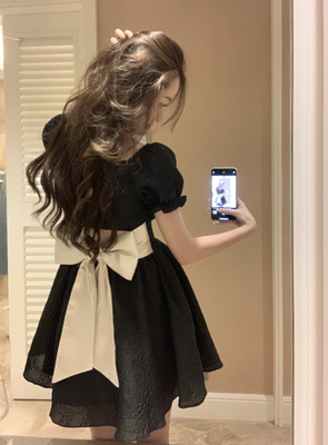 大码胖MM泡泡袖蝴蝶结绑带连衣裙