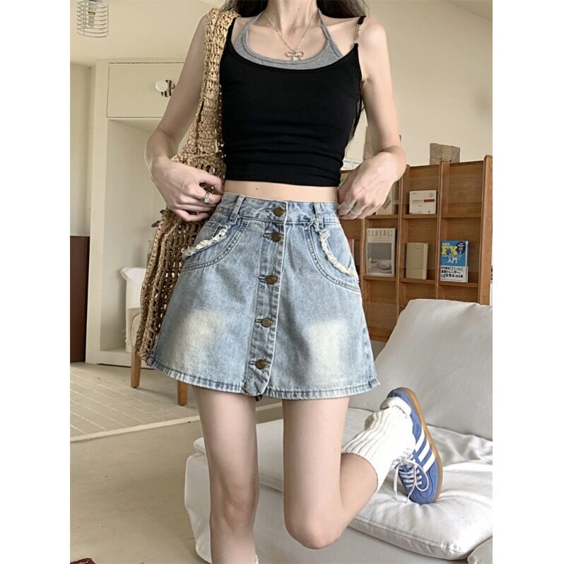 大码胖MM设计感毛边牛仔半身裙女甜辣妹防走光显瘦A字包臀裤裙潮