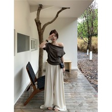 大码胖mm慵懒风斜肩掐腰褶皱短袖T恤女+宽松垂感阔腿裤显瘦两件套