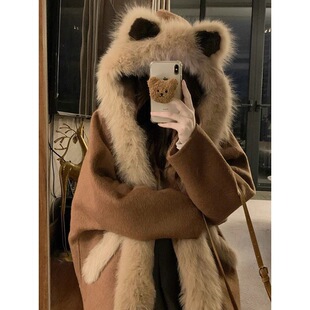 巨好看可爱毛毛熊耳朵连帽大衣女2025冬季新款棉服呢子加厚外套