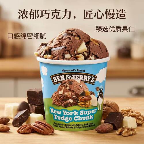 新口味BEN & JERRY'S原装正品本杰瑞巧克力布朗尼冰淇淋465ML*2