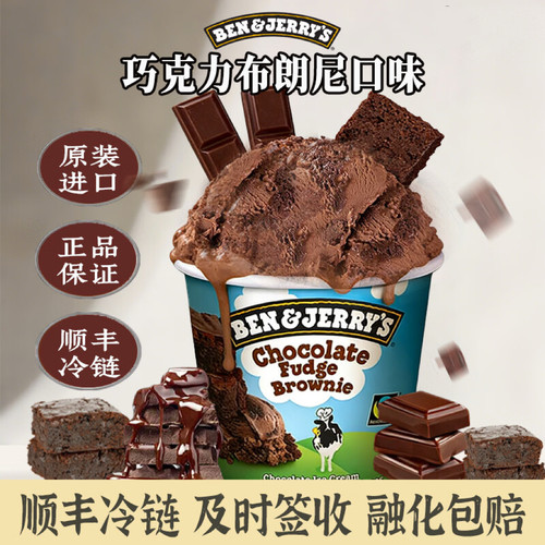 BEN & JERRY'S原装正品本杰瑞巧克力布朗尼冰淇淋465ML*2