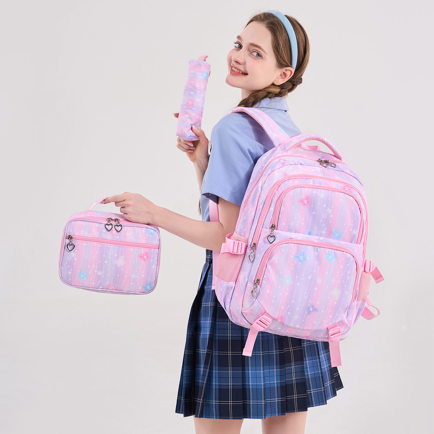 书包女小学初中大容量减负护脊校园学生背包蝴蝶印花三件套双肩包