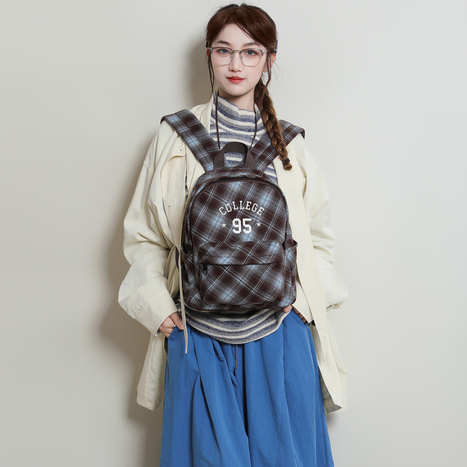 sport超火帆布背包韩系慵懒风格子书包ins复古格纹双肩包一包三用