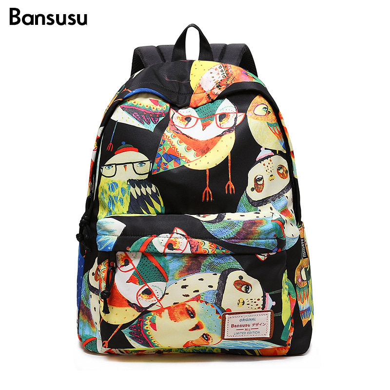 bansusu猫头鹰男女印花双肩包女韩版旅行包大容量学生书包大背包