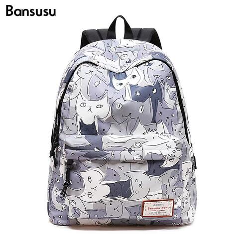 bansusu猫咪印花双肩包男女韩版休闲背包书包中学生大容量旅行包