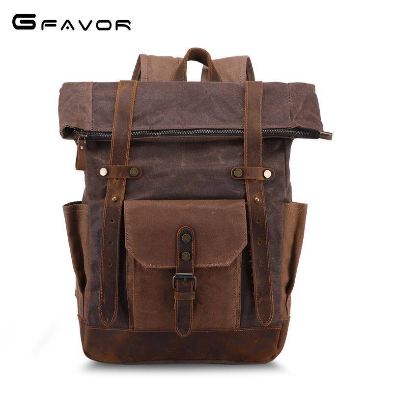 复古疯马真皮男包油蜡防水帆布旅行背包欧美户外帆布包男士双肩包