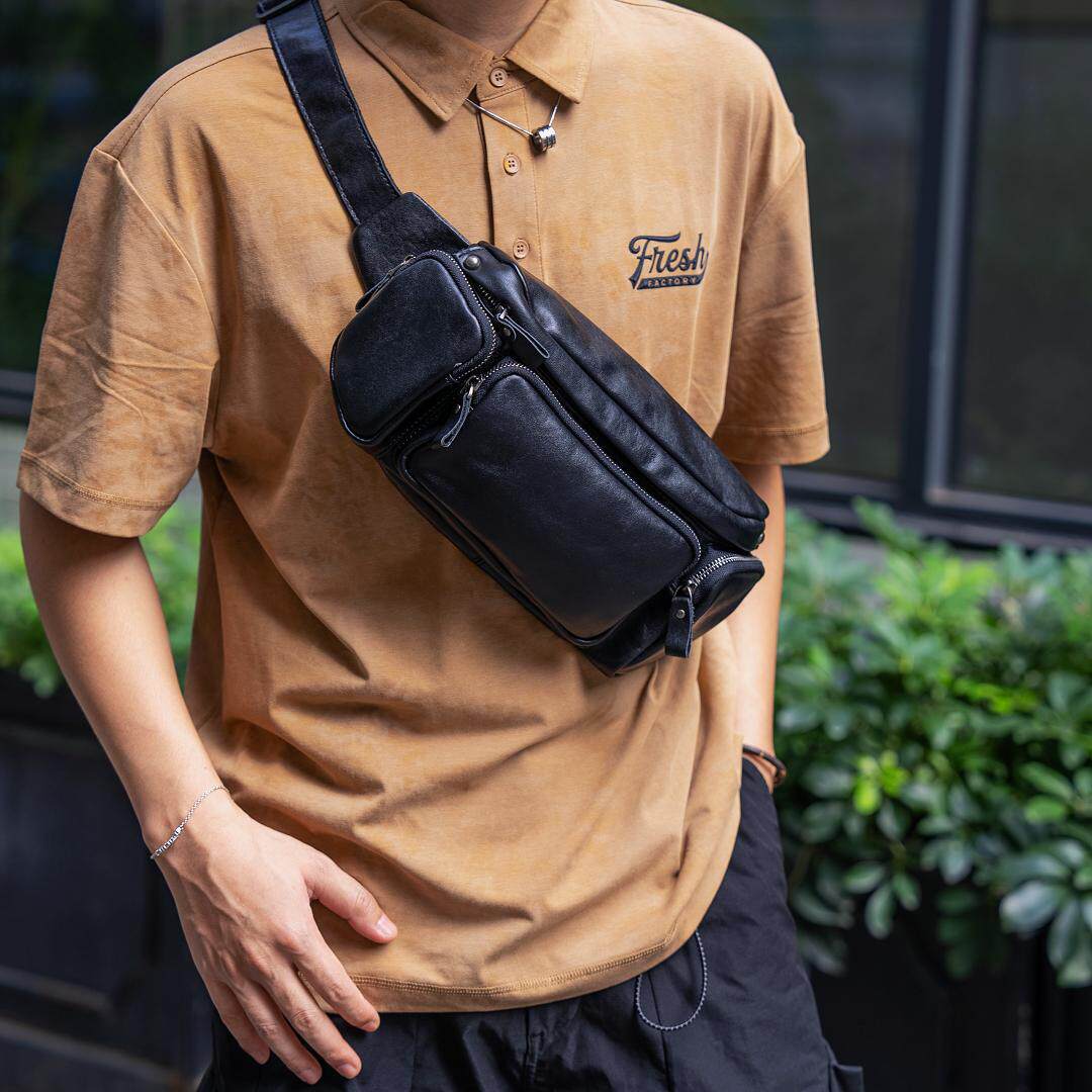 新款时尚爆款肩包骑行包男单肩斜挎包男款多功能头层牛皮男士胸包