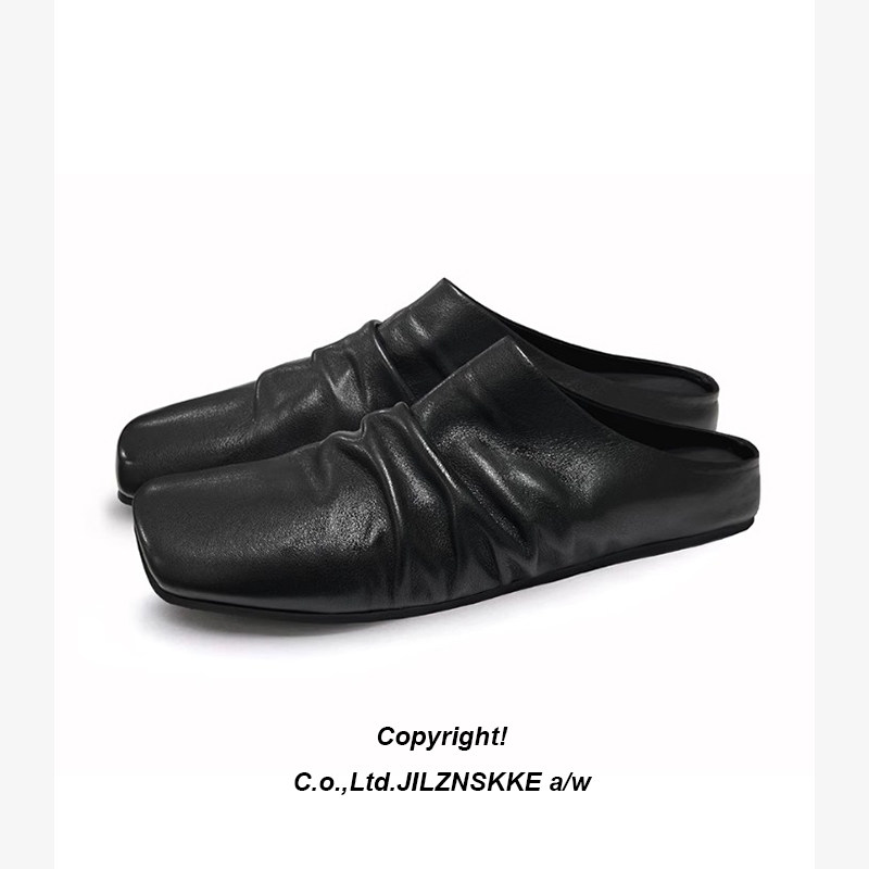 褶皱皮半拖鞋男真皮一脚蹬无后跟豆豆鞋新款休闲包头拖鞋女小皮鞋,流行男鞋,包头拖,淘宝优惠券,粉丝福利购,淘宝优惠卷