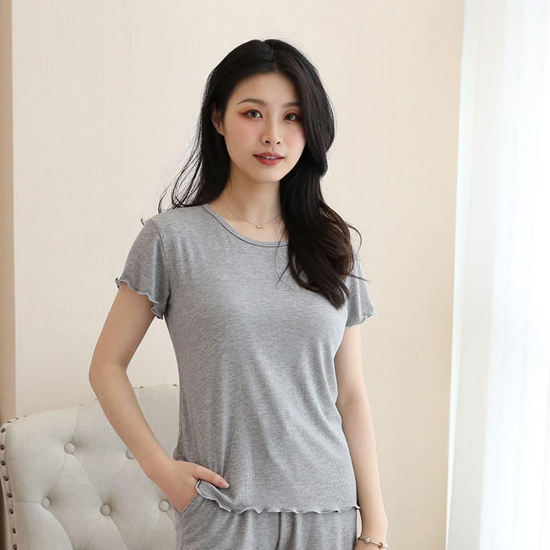 短袖女夏薄款螺纹木耳花边纯色上衣打底衫修身森系T恤显瘦小清新