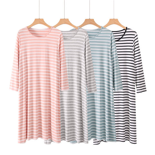 莫代尔九分袖中长裙宽松条纹睡衣