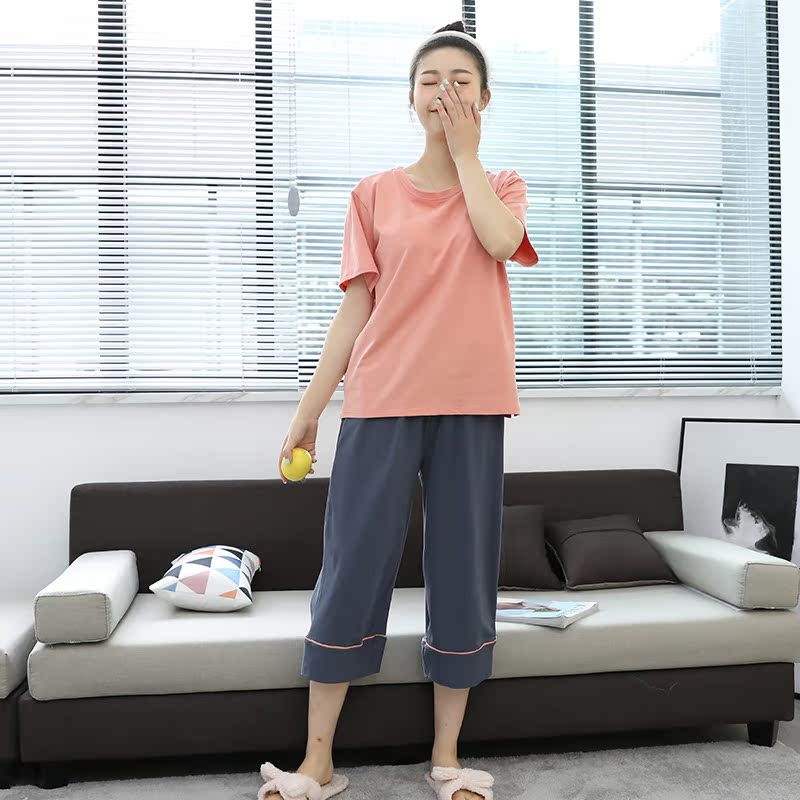 家居服女春秋纯棉睡衣带胸垫短袖七分裤休闲运动居家薄款两件套