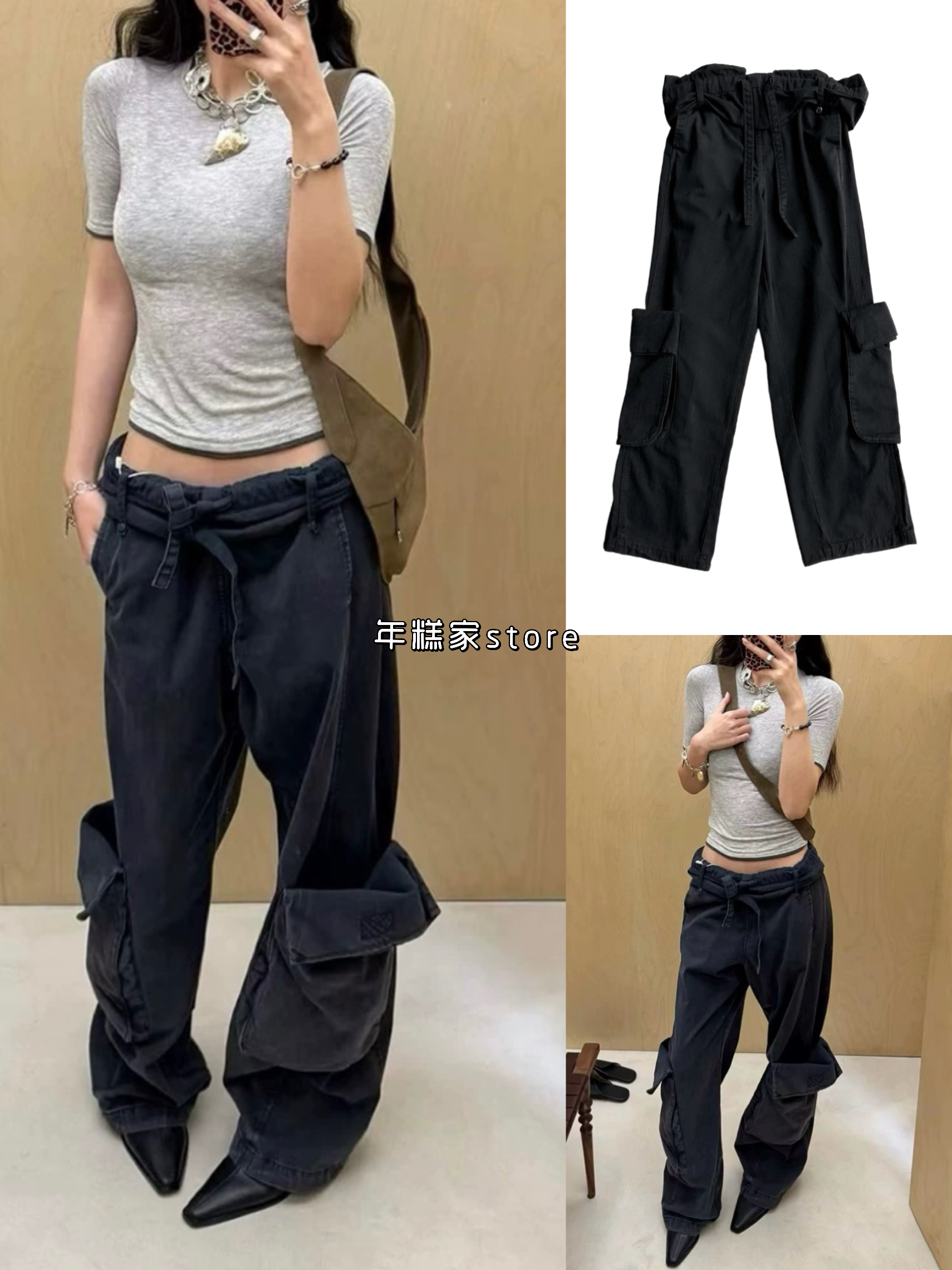 【现货】ope*y*同款工装裤女宽松水洗卷边大口袋休闲百搭直筒长裤